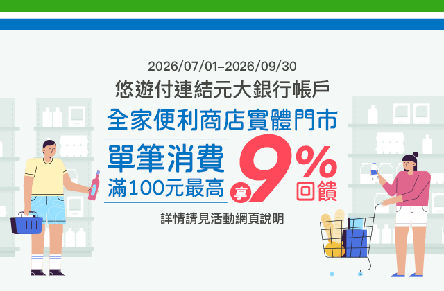 悠遊付家便利商店實體門市消費最高享9%回饋(元大加碼3%)