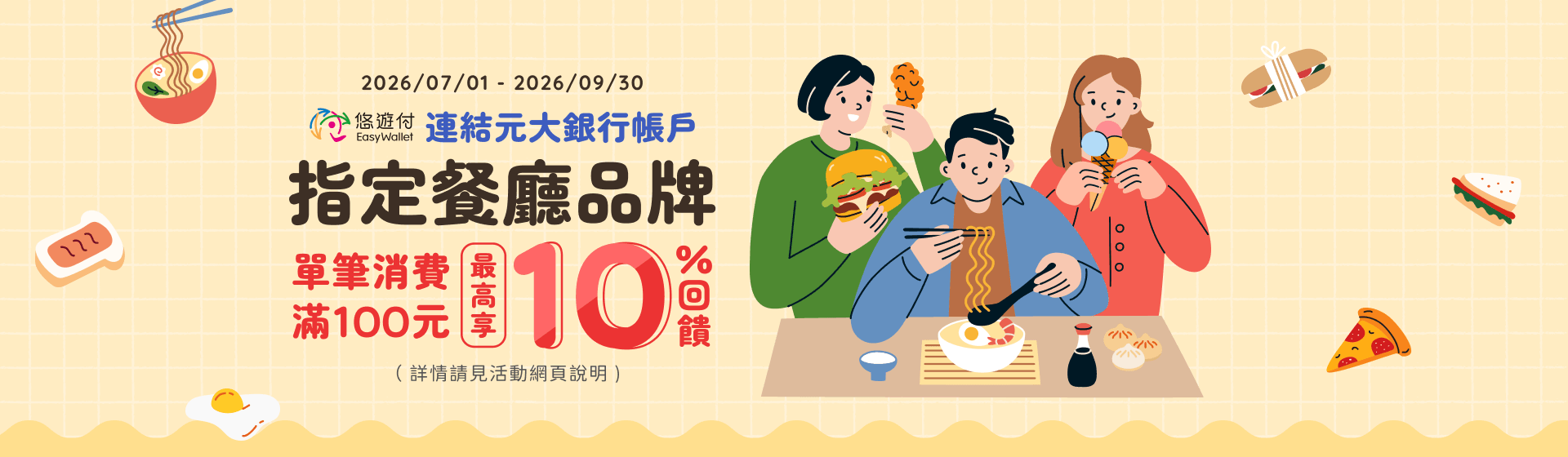 悠遊付指定餐廳品牌消費最高享10%回饋(元大加碼3%)