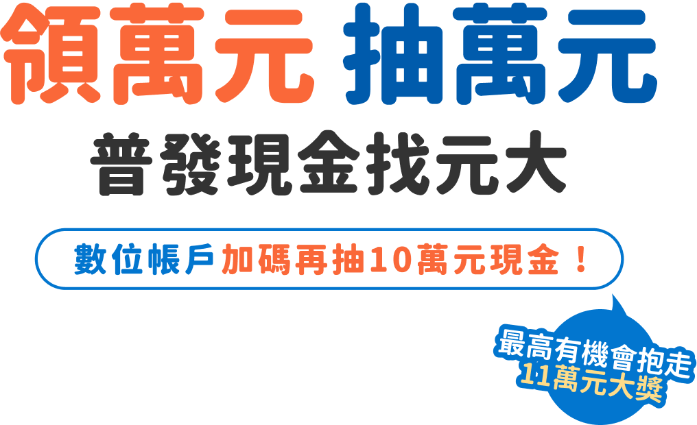 領萬元 抽萬元 普發現金選元大 數位帳戶加碼再抽10萬元現金