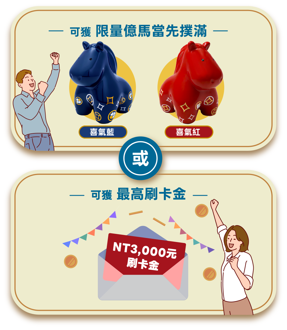可獲 限量億馬當先撲滿 或 可獲 最高刷卡金 NT3,000元