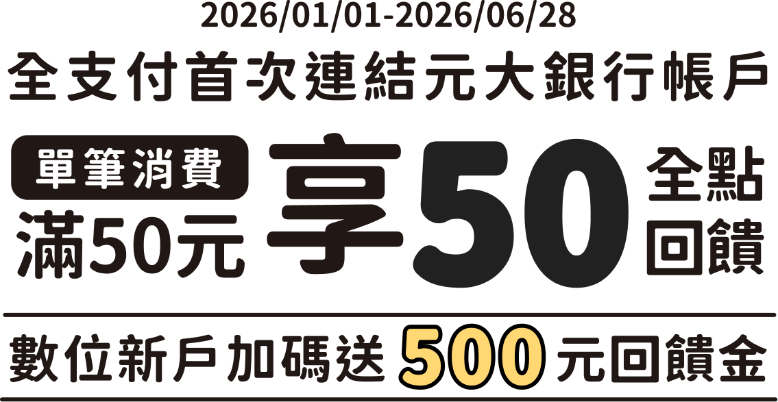 全支付連結元大銀行臺幣存款帳戶，筆筆消費最高享3%回饋 